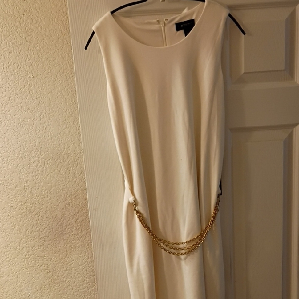 Donna Karan Gold and White Sheath Cocktail Dress With Matching Long Cardigan
